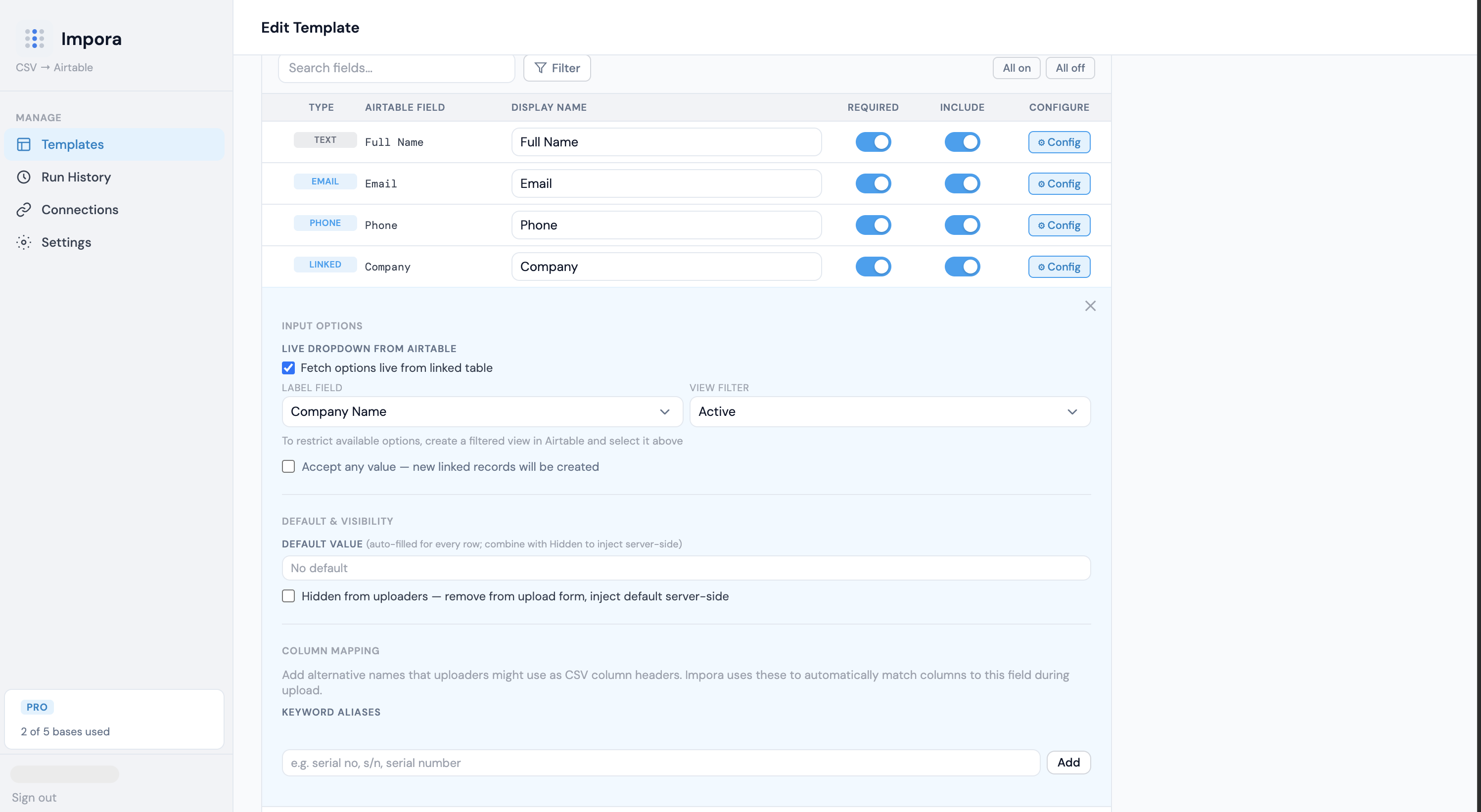 Impora schema sync showing Airtable field types and structure