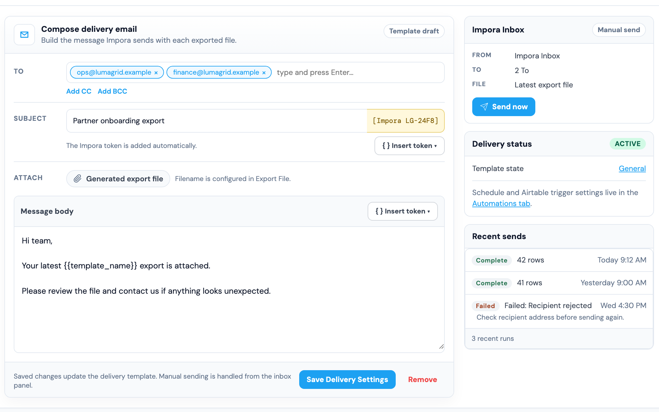 Impora email delivery settings showing recipients, manual send controls, delivery status, and recent sends