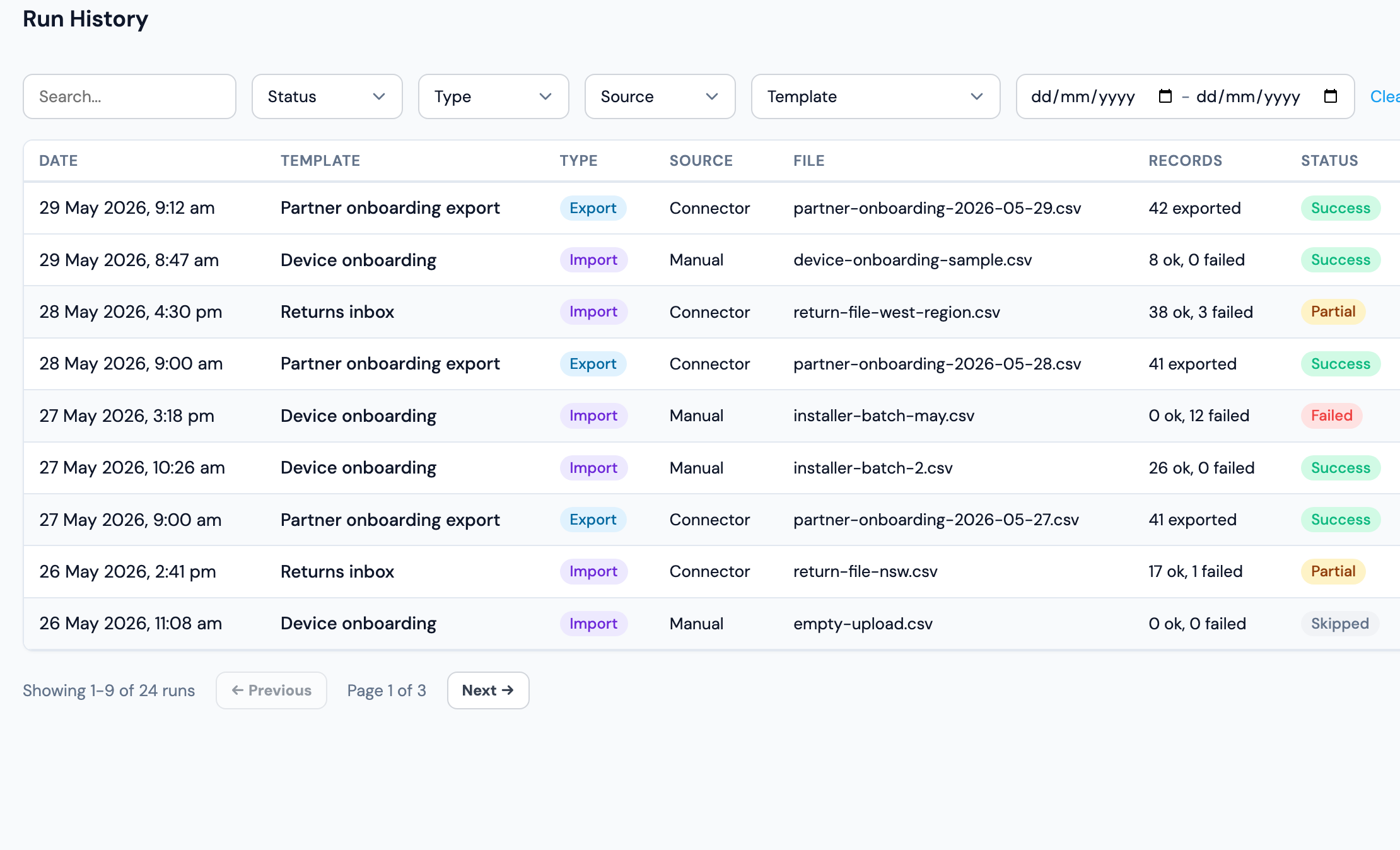 Impora run history showing import and export runs, sources, files, record counts, and status