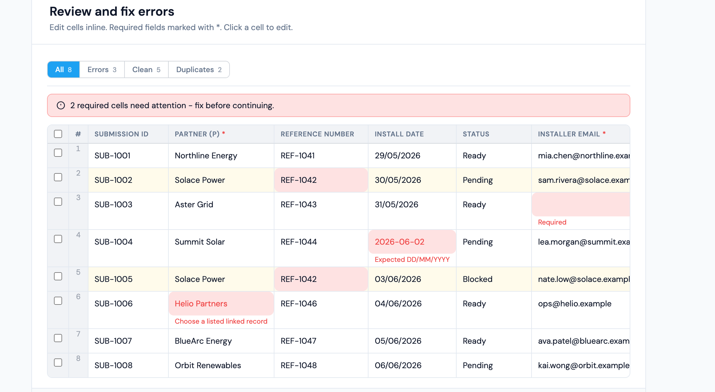 Impora validation review showing row-level errors before import