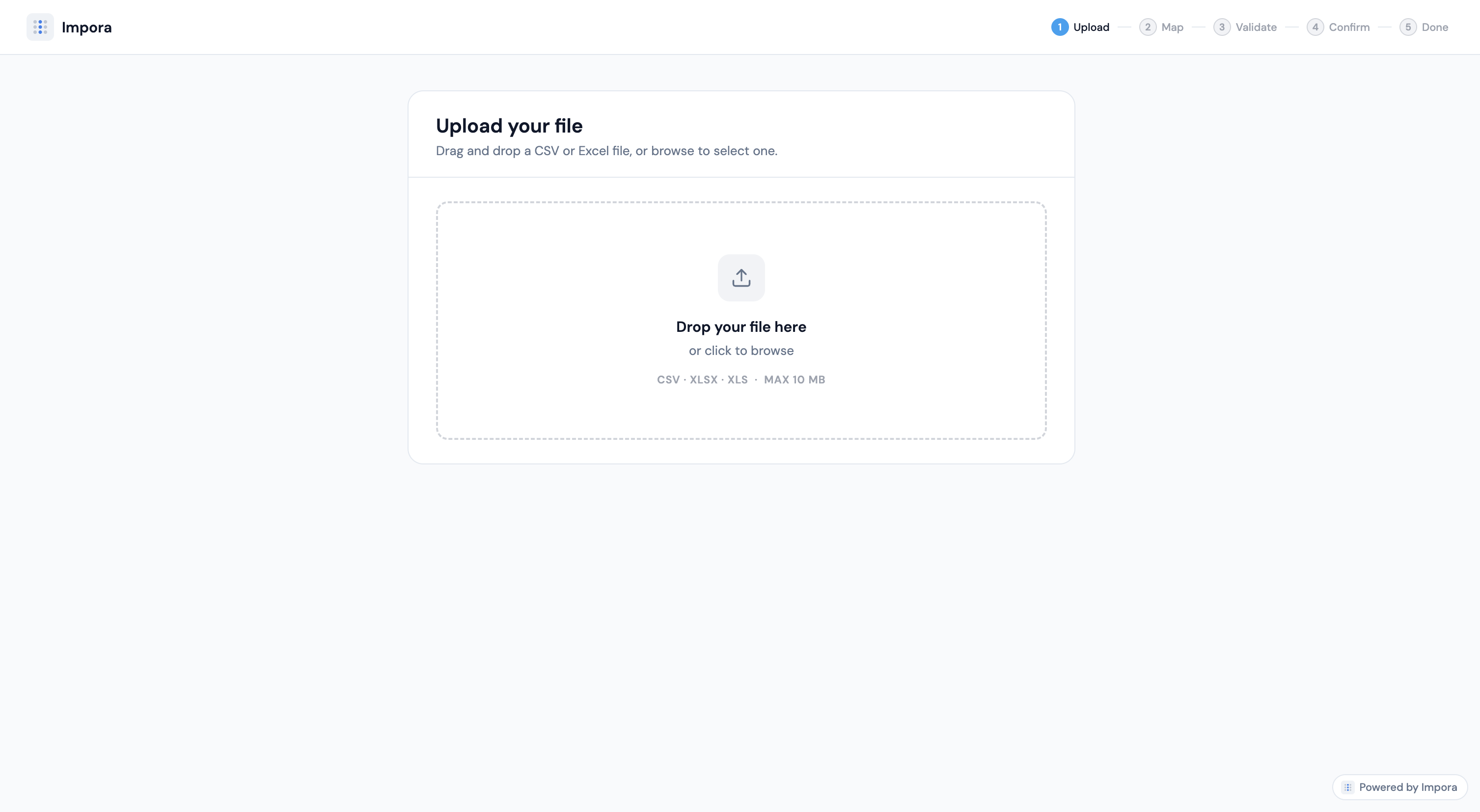 Impora file upload dropzone for CSV and Excel files